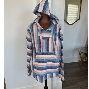 Striped Baja Hoodie Pullover Poncho Pink Blue Purple White Cotton Blend Size S